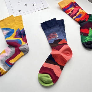 Artistic mid-calf cotton socks with colorful abstract landscape jacquard patterns