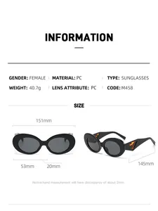 Size chart and specifications for women's oval frame cat eye sunglasses with PC lens