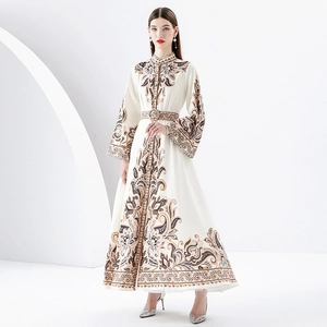 Women Vintage Paisley Floral Print Maxi Dress Stand Collar Flare Long Sleeve Belted Elegant Court Style