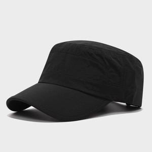 Detail of black flat top military cap with quick-dry ripstop fabric for outdoor hiking