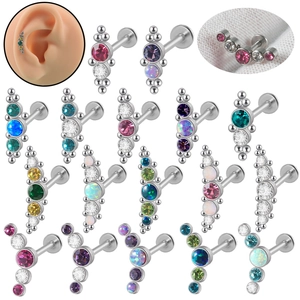 Curved Labret Piercing Jewelry Stainless Steel With Opal And Zircon Internal Thread Cartilage Earring Stud For Helix Tragus Lip