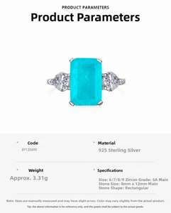 Detail specifications of 925 sterling silver ring with 8x12mm emerald cut blue zircon