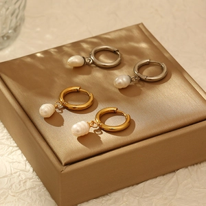 Freshwater Pearl Pendant Hoop Earrings Stainless Steel 18K Gold Plated Baroque Retro Vintage Jewelry For Women