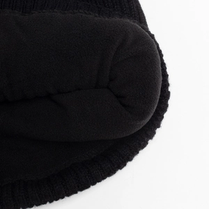 Black winter knit beanie with thick fleece lining for extra warmth and thermal protection