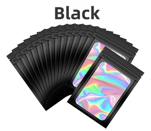 Stack of matte black holographic resealable bags with rainbow iridescent clear window
