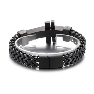Men's rock-style black mesh chain bracelet featuring a titanium steel cross ornament
