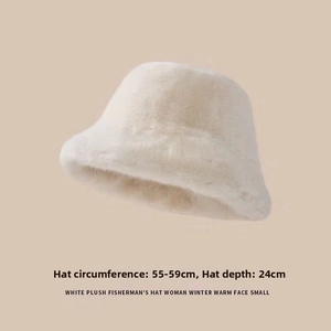 White plush faux rabbit fur bucket hat showing dimensions of 55-59cm circumference and 24cm depth