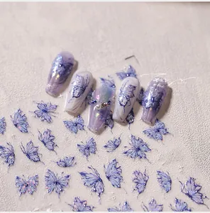 Macro view of 3D butterfly nail art stickers with lilac laser gradient and pearl details