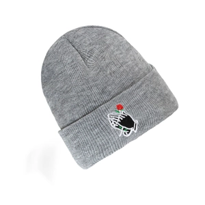 Close-up of a grey knitted beanie featuring detailed rose embroidery on the folded cuff