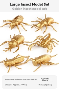 Détail de 6 figurines d'insectes dorées comprenant scarabée et scorpion métallisés