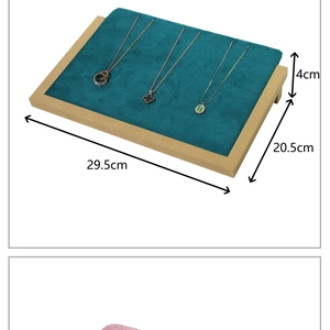 Champagne gold jewelry display tray with green velvet and 29.5cm x 20.5cm dimensions