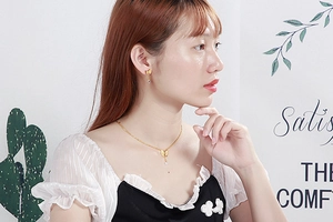 Detail of model wearing a gold butterfly jewelry set with sparkling crystal accents