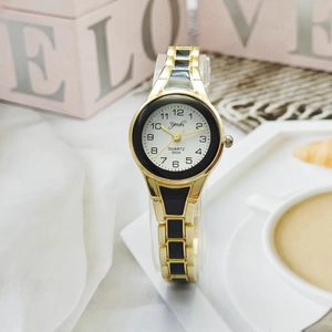 Elegant gold and black women's quartz watch with a white dial and stainless steel strap
