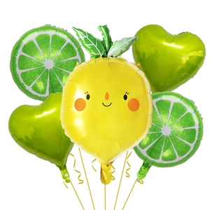 Detail of 5-piece summer fruit balloon set featuring lemon slices and heart shapes