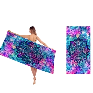 Microfiber beach towel with 3D mandala galaxy print shown in flat lay and back view