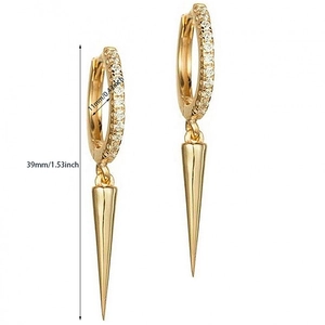 Gold plated spike earrings with zircon stones showing 39mm length and 11mm diameter