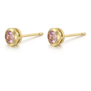 Minimalist 18K gold plated brass stud earrings with sparkling round colored zircon stones