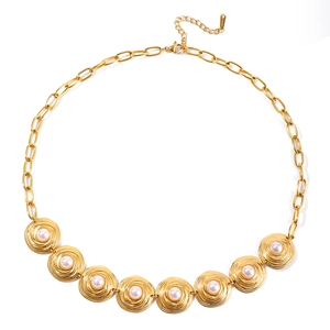 Elegant 18K gold plated stainless steel necklace with round pearls on white background