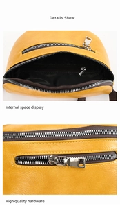 Detailed view of yellow faux leather texture and spacious internal zip pocket
