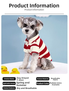 Detail of a breathable red and white striped polo shirt for dogs on a pet model