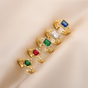Luxury Gold Plated Copper Adjustable Ring Colorful Heart Rectangle Zircon Crown Geometric Fashion Jewelry Gift Women