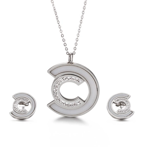 Chic silver stainless steel jewelry set with shell C pendant and matching earrings