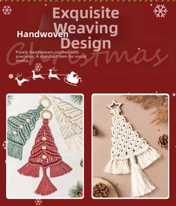Detail of handcrafted macrame Christmas tree ornaments with wooden beads and tassels