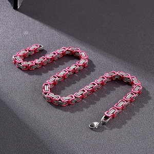 Detail of 8mm bicolor silver and pink stainless steel box chain with lobster clasp
