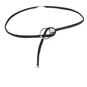 Braided black waist belt for women with golden round metal buckle and elegant knotted design