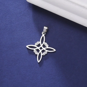 Silver stainless steel witch's knot pendant on blue textured background for DIY jewelry