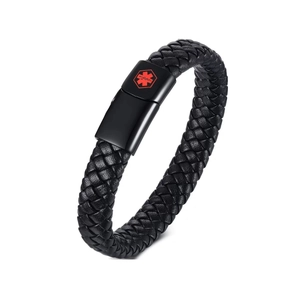 Men's black braided leather medical alert bracelet with Type 2 Diabetes warning tag