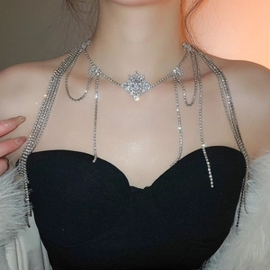 Macro view of luxurious zircon tassel necklace with cascading rhinestone fringe detail