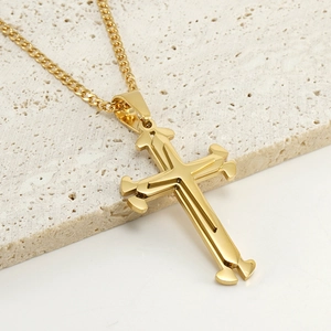 Multi-layer gold cross pendant necklace for men in 18K stainless steel hip hop style