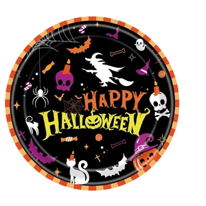 Halloween party paper plate featuring Happy Halloween text, witch, and pumpkin design
