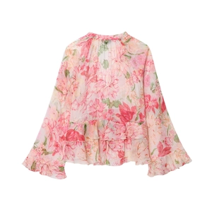 Camicetta in chiffon rosa a fiori da donna con orlo a balze e maniche a campana