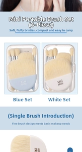 Close-up of a 6-piece mini portable makeup brush set with soft bristles and travel pouch