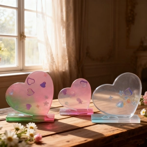 Three-piece heart-shaped resin photo frames with glitter inserts on a wooden table