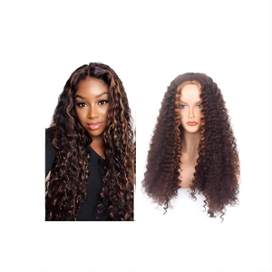 Detail view of brown highlights long curly wig with lace front on model and mannequin