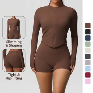 Women's Yoga Set Double-Sided Brushed Long Sleeve Zipper Jacket And High Waist Shorts Breathable Tight Sports Fitness Gym Wear