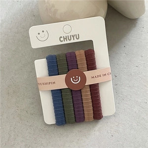 Detailed view of 5-pack ribbed elastic hair ties in Morandi colors on display card