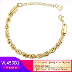 Bracciale hip-hop a catena a corda in ottone placcato oro 18 carati con moschettone