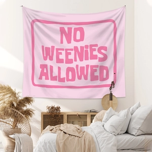 Pink bohemian tapestry with No Weenies Allowed slogan for modern bedroom wall decor
