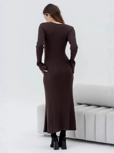 Deep brown ribbed knit Hepburn style maxi dress with a slim fit back view for women