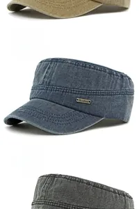 Detail view of cotton cadet cap with metallic brand label and vintage washed texture