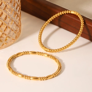 Chic 18K gold-plated stainless steel beaded bracelets and bamboo link bangles set