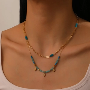 Double-layered gold-plated stainless steel necklace with blue beads and rhombus pendants
