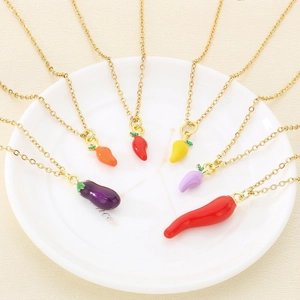 Fruit Vegetable Pendant Necklace Stainless Steel Enamel Chili Eggplant Carrot Colorful Cute Jewelry For Women