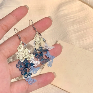 Dettaglio degli orecchini a farfalla con nappe laser e sfumature blu metallizzate