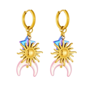 Gold stainless steel hoop earrings with blue star, sun, and pink moon charms for women