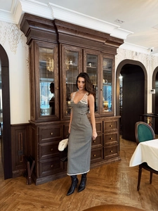 Robe Longue Vintage Française Gingham Plaid Dentelle Moulante Douce Sexy Col En V Taille Haute Pour Femmes